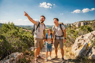 Une famille joyeuse explore les paysages naturels de l'Hérault lors d'une sortie en plein air