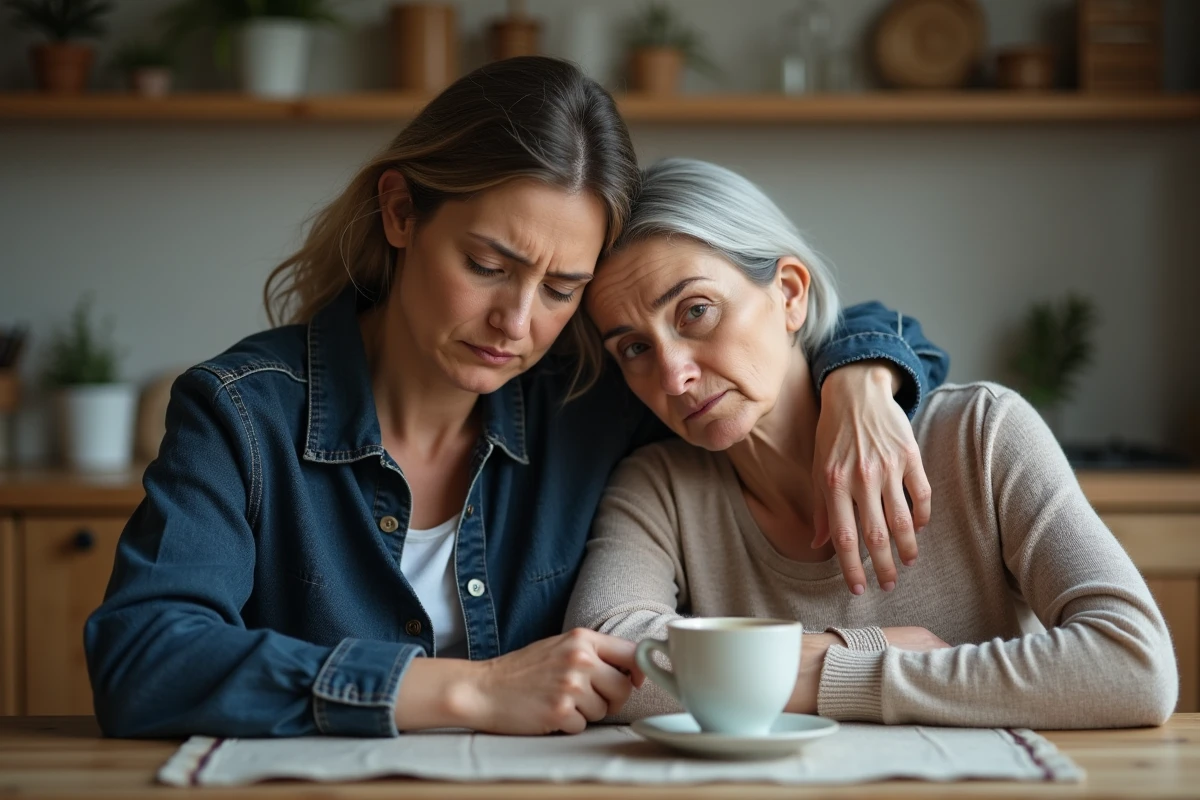 Deux femmes se soutenant mutuellement dans une cuisine familiale après le décès d'une mère, scène de compassion et de deuil partagé