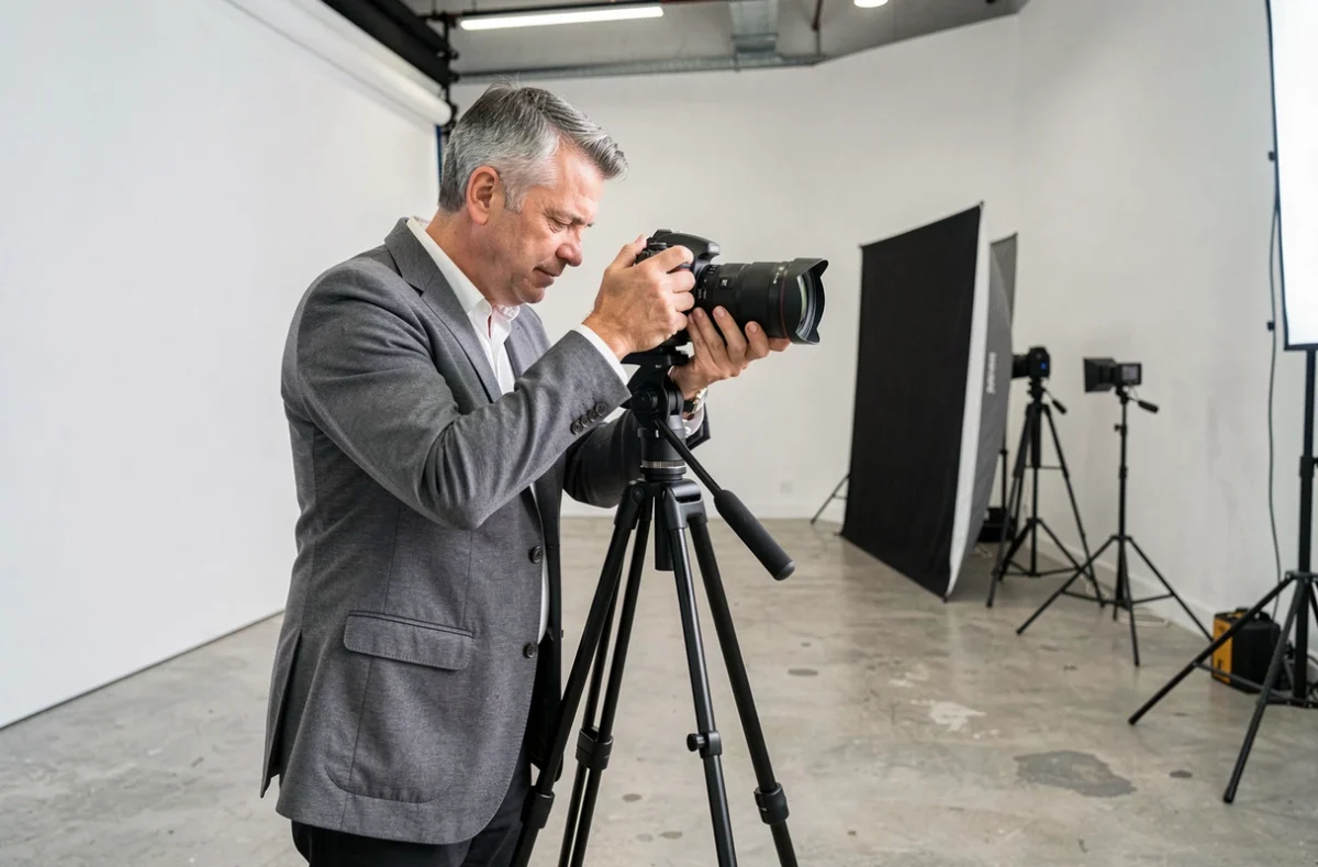 Photographe masculin installant son équipement dans un studio photo professionnel à Palaiseau