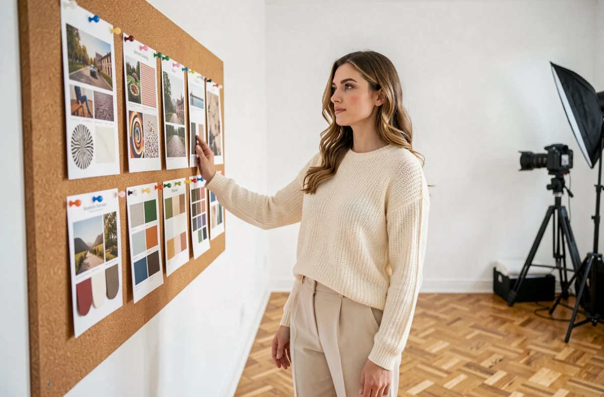 Femme examinant un tableau d'inspiration pour choisir le décor d'une séance photo en studio
