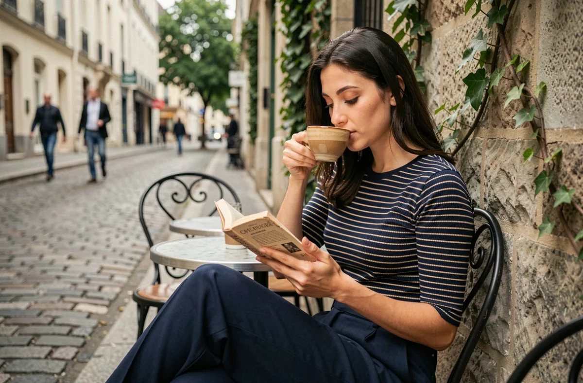 Jeune femme lisant en terrasse de café à Montmartre, savourant un café crème lors d'une sortie parisienne