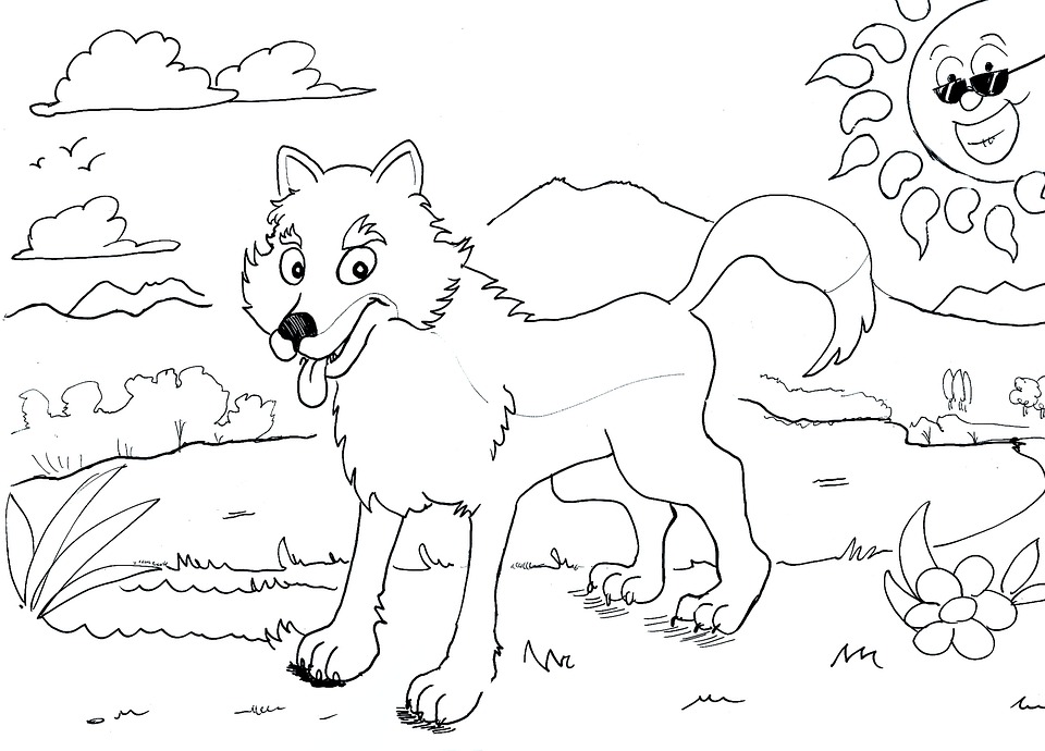un dessin de loup devant un paysage à colorier
